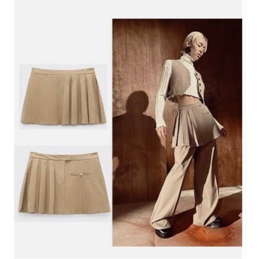 Zara Boxy Mini Micro Pleated Striped Skirt in Tan Bloggers Fave Medium NWT - Picture 3 of 10